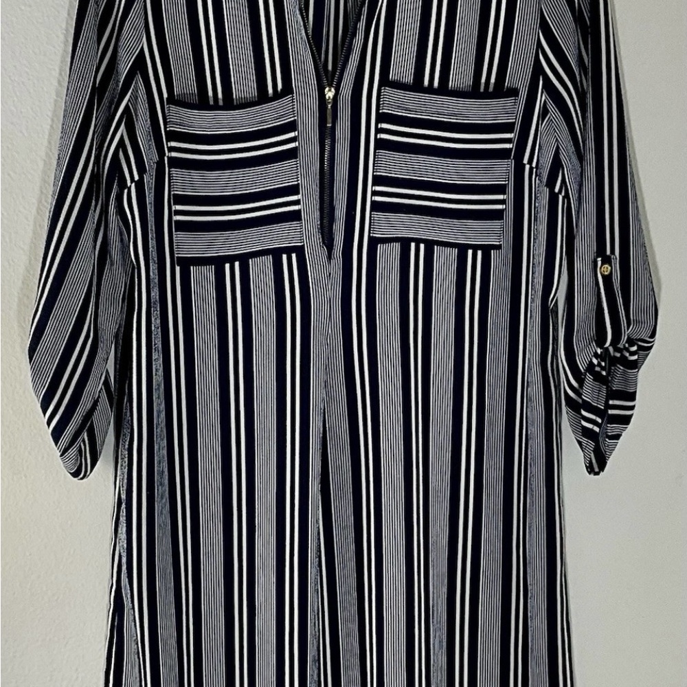 Mlle Gabrielle Women's Dress Navy White Striped Button Sleeves Size PL EUC Retro